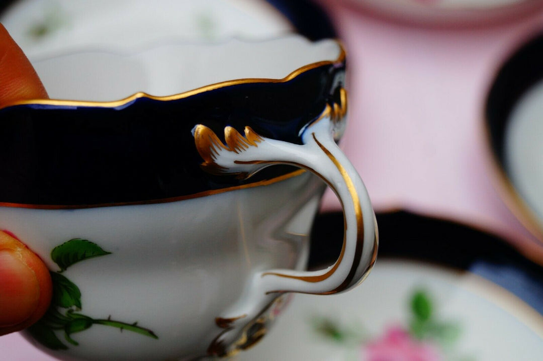 Meissen handpainted blue cobalt red rose tea set for 6 persons