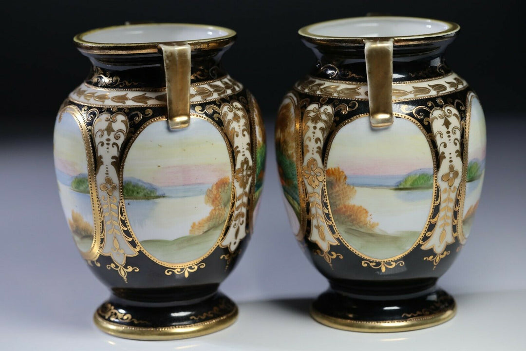 Pair of Art Deco Noritake Handled Vase Embellished Beads & Gilt Hand Painted