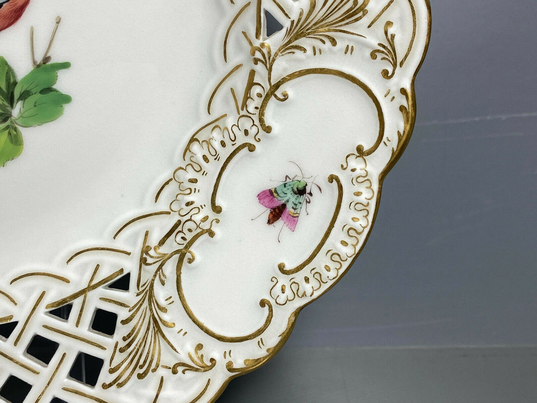 MEISSEN DURCHBRUCHTELLER TELLER VOGELMALEREI VOGEL AUF AST BLUMEN INSEKT D:21cm