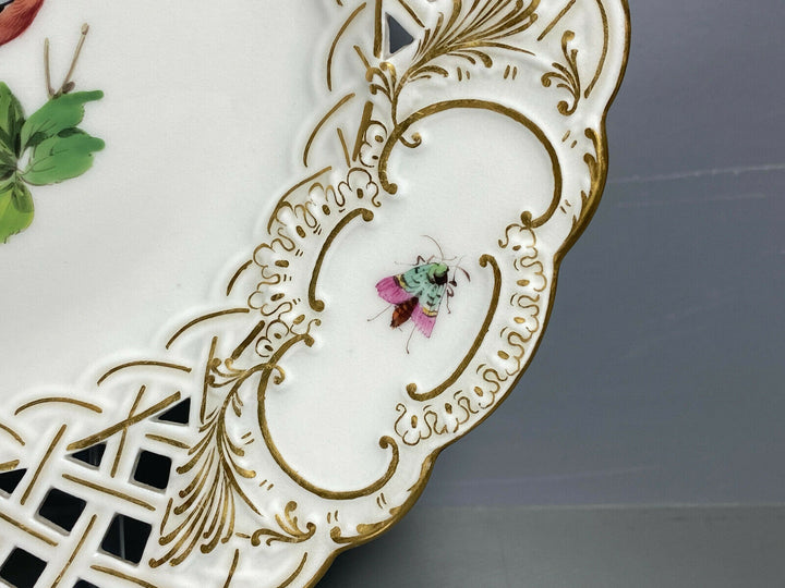 MEISSEN DURCHBRUCHTELLER TELLER VOGELMALEREI VOGEL AUF AST BLUMEN INSEKT D:21cm