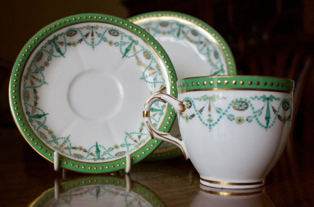 MINTON PORCELAIN TRIO - 1889 MARK - GREEN, GILT AND BLUE ENAMEL SWAGGING ETC.