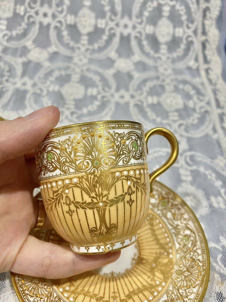 Antique ROYAL WORCESTER Porcelain Cup Saucer Set Enamel JEWELS Gold