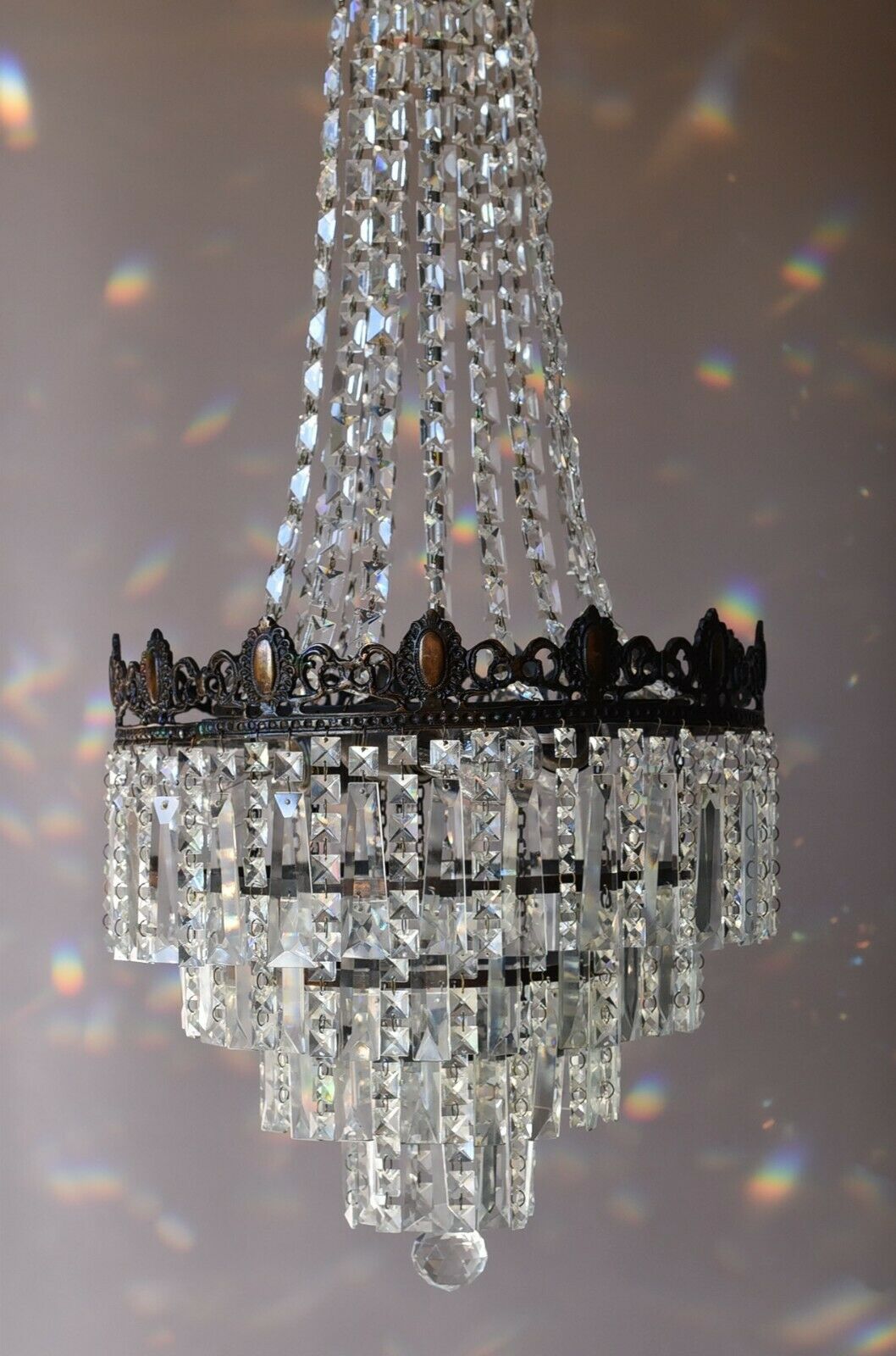 Tall French Empire Purse Crystal Chandelier Antique Vintage Light Pendant Lamp