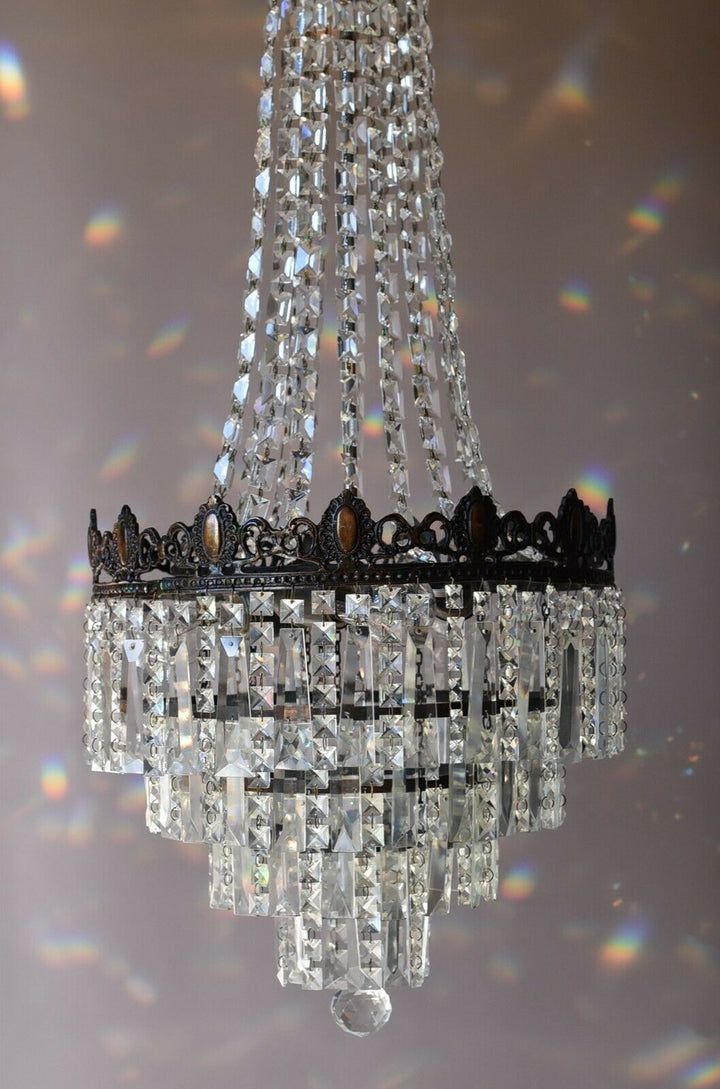 Tall French Empire Purse Crystal Chandelier Antique Vintage Light Pendant Lamp