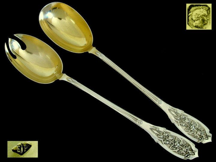 Puiforcat French Sterling Silver 18k Gold Salad Serving Set 2 Pc, Moderne