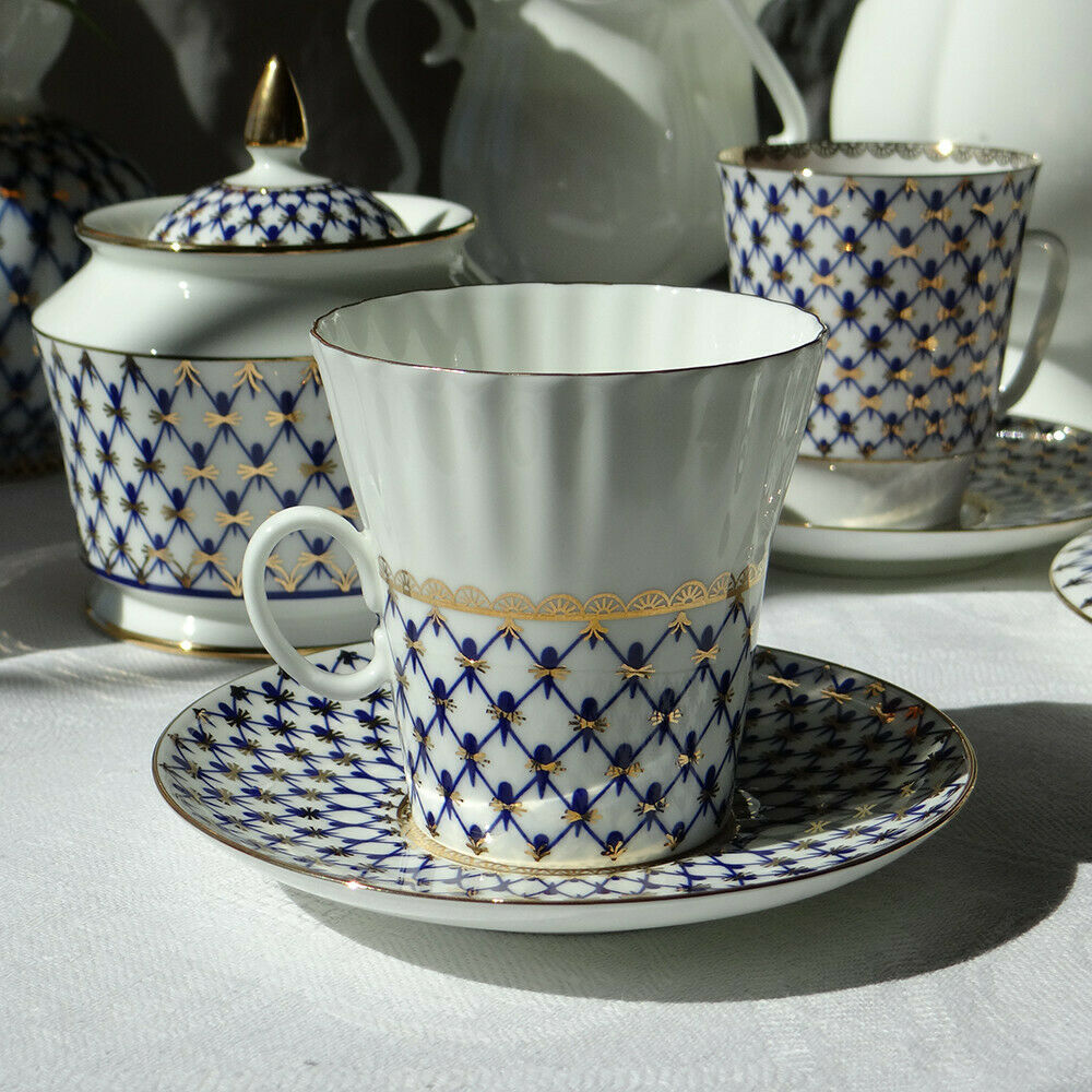 Dandelion Cobalt Net Coffee Cup & Saucer Imperial Porcelain Lomonosov Bone China