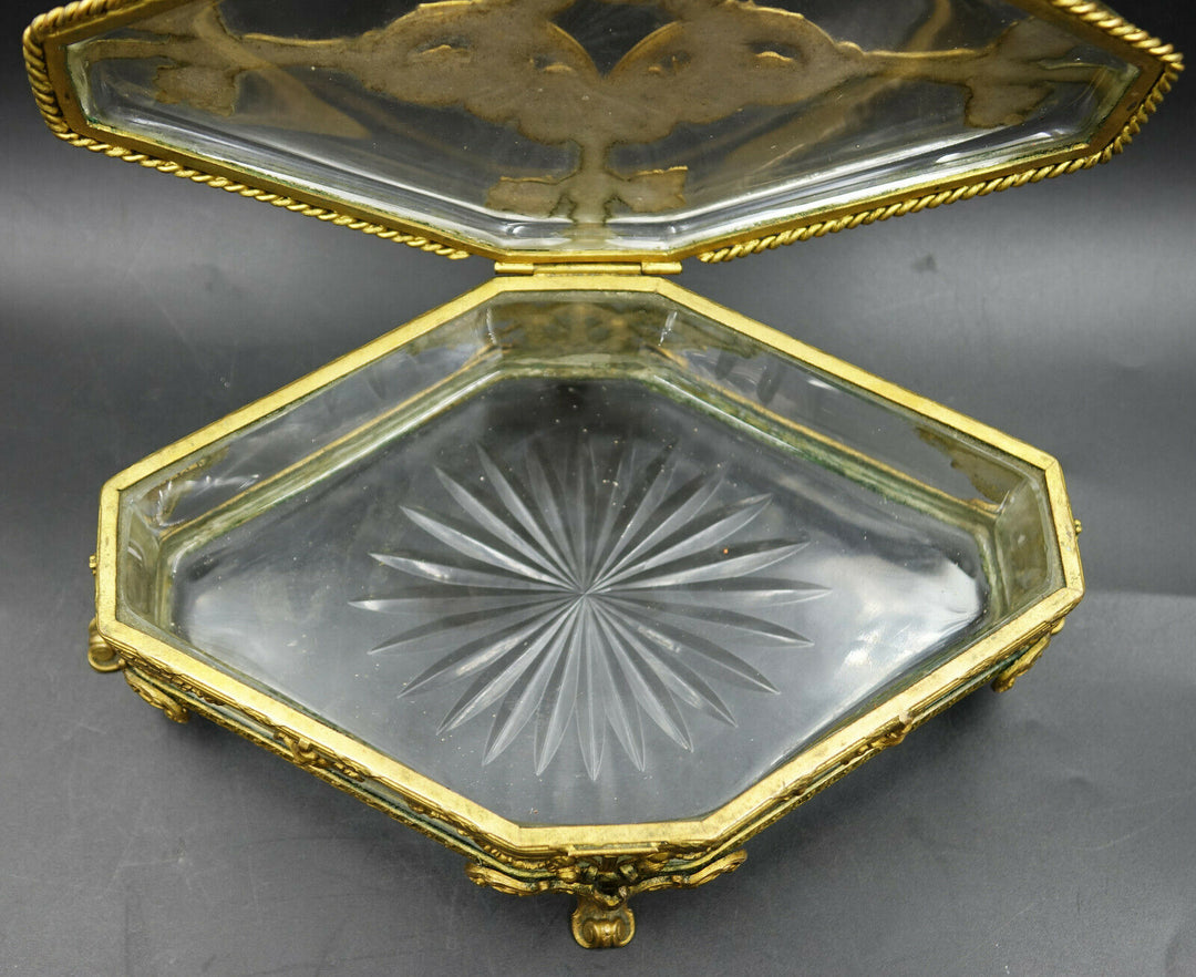 Louis XV French Baccarat Jewelry Box Crystal Ormolu Dore Bronze Rhombus Shaped