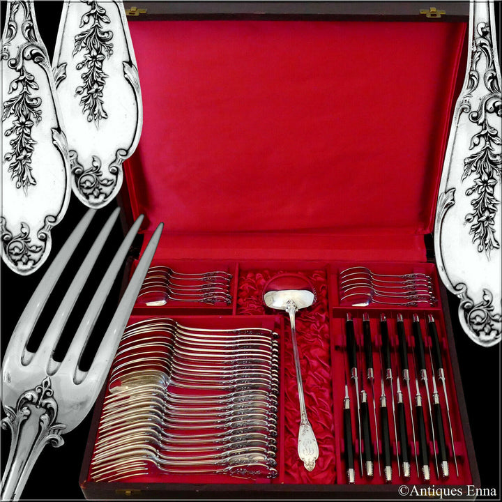 Debain Henin French Sterling Silver Dinner Flatware Set 49 Pc, Box, Flowers