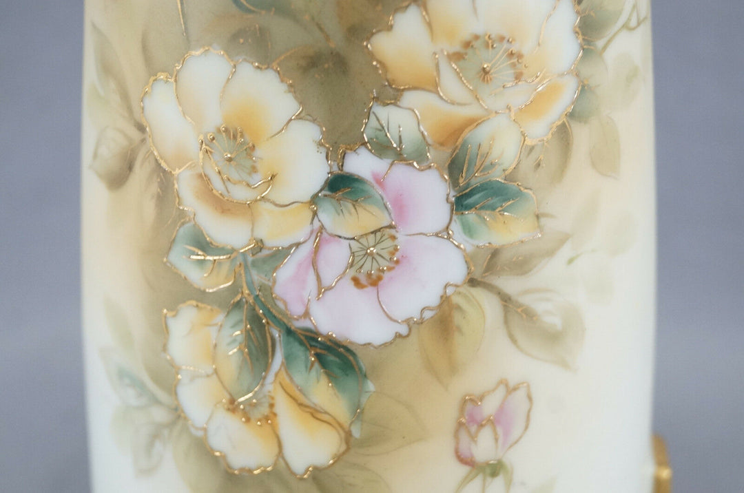 Nippon Morimura Hand Painted Pink & Yellow Wild Roses Vase Circa 1911 - 21