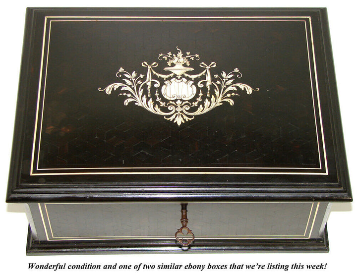 Elegant Antique French 11" Jewelry or Desk Box, Ebony Marquetry & Ornate Inlay