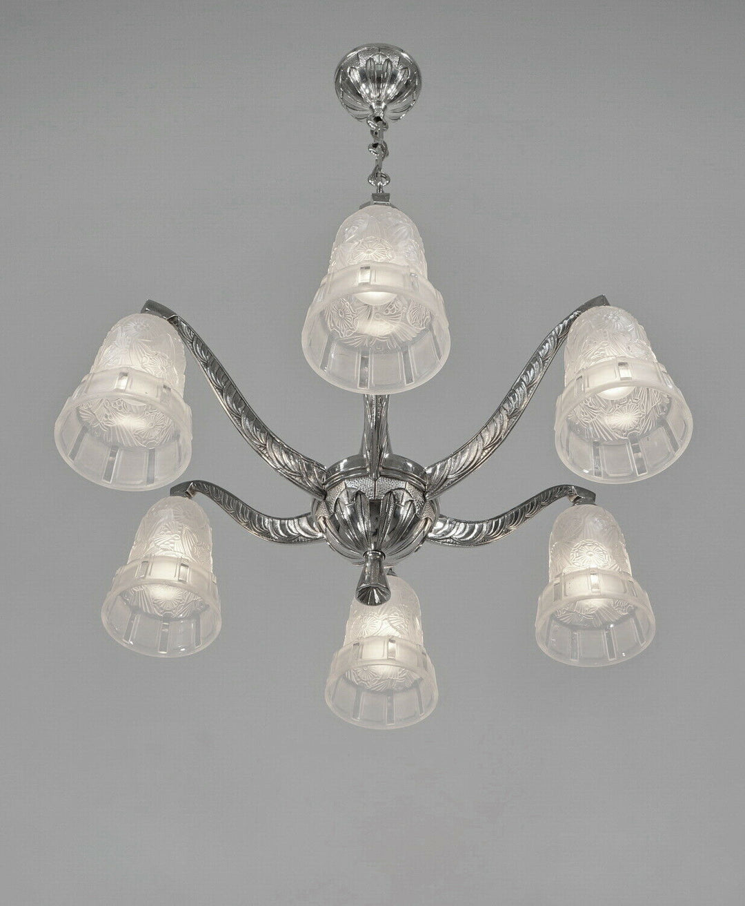 HETTIER & VINCENT : 1930 french art deco chandelier in nickel plated bronze