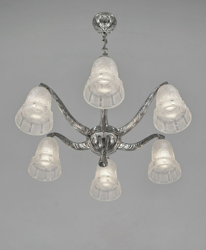 HETTIER & VINCENT : 1930 french art deco chandelier in nickel plated bronze