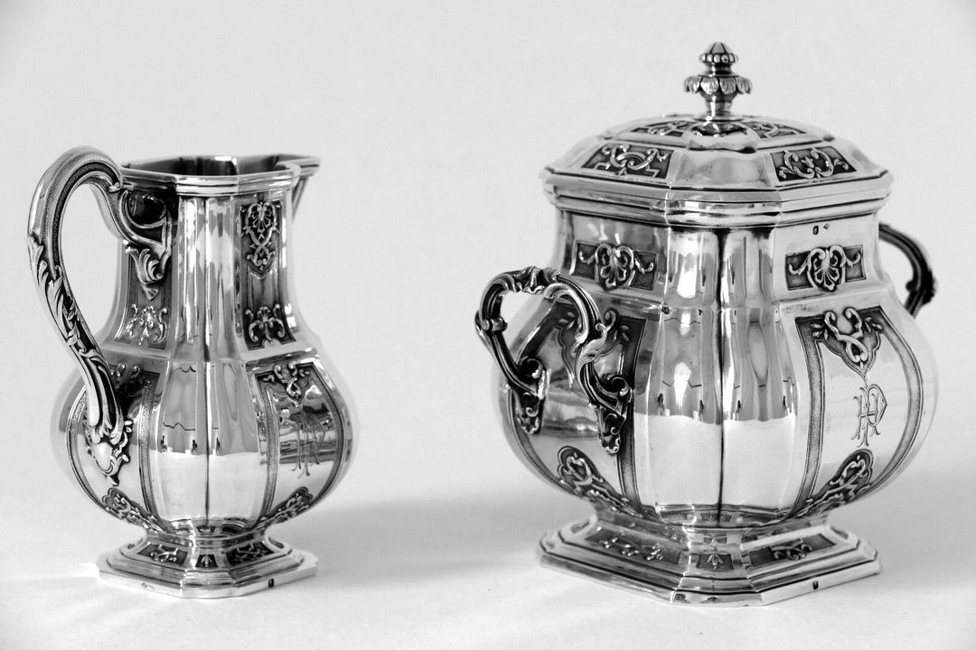 Puiforcat French Sterling Silver 18k Gold Tea, Coffee Set 4 pc, Regency