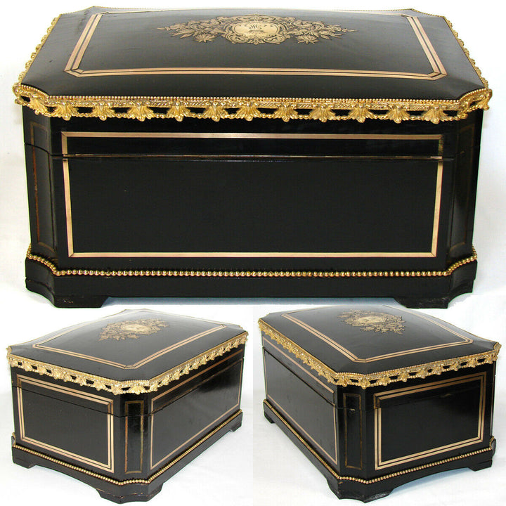 LG Antique French 14.5" Jewelry or Sewing Chest, Boulle, Crown Monogram, Tahan?