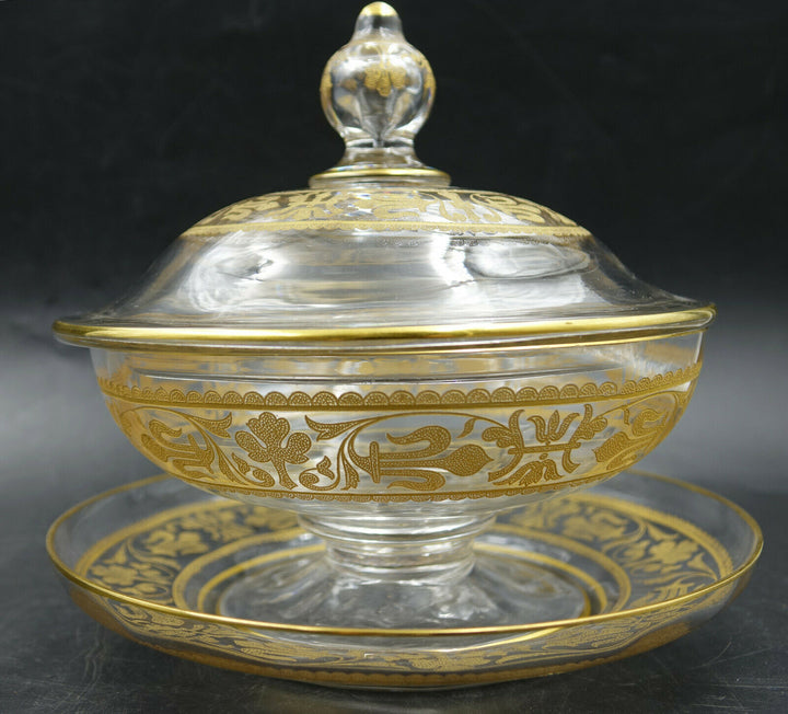 French Baccarat Covered Candy Bowl & Plate Gold Encrusted Fleur De Lys 1907