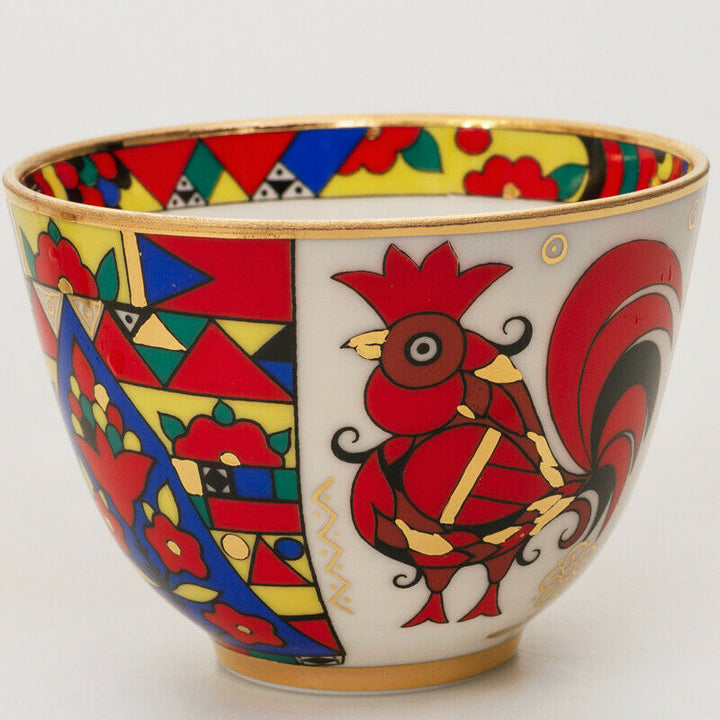 Folk Patterns Teacup & Saucer by Imperial Lomonosov Porcelain Red Rooster Luxury