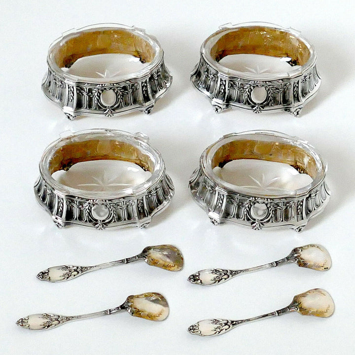 Lefebre French Sterling Silver 18k Gold 4 Salt Cellars, Spoons, Original Box