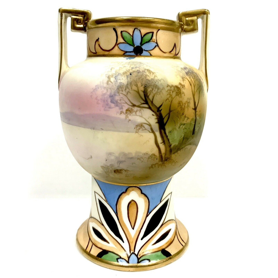 Vintage Nippon Art Deco Vase Hand Painted Morimura Bros Lake w Lotus Tree 6”
