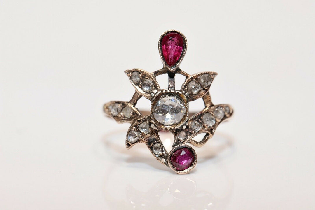 アンティーク 8K ナチュラルローズカットダイヤモンドとルビーのオスマンリング