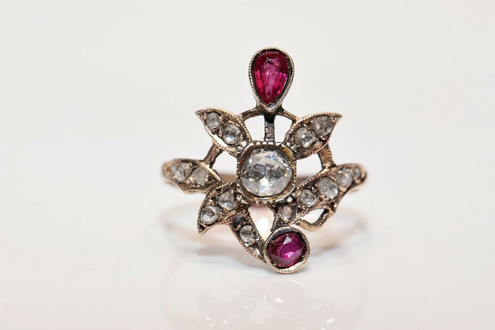 アンティーク 8K ナチュラルローズカットダイヤモンドとルビーのオスマンリング