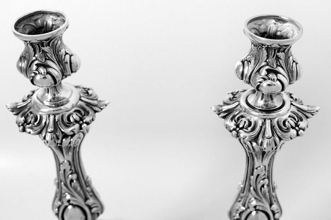 Antique French Sterling Silver Candlesticks Pair, 12"2