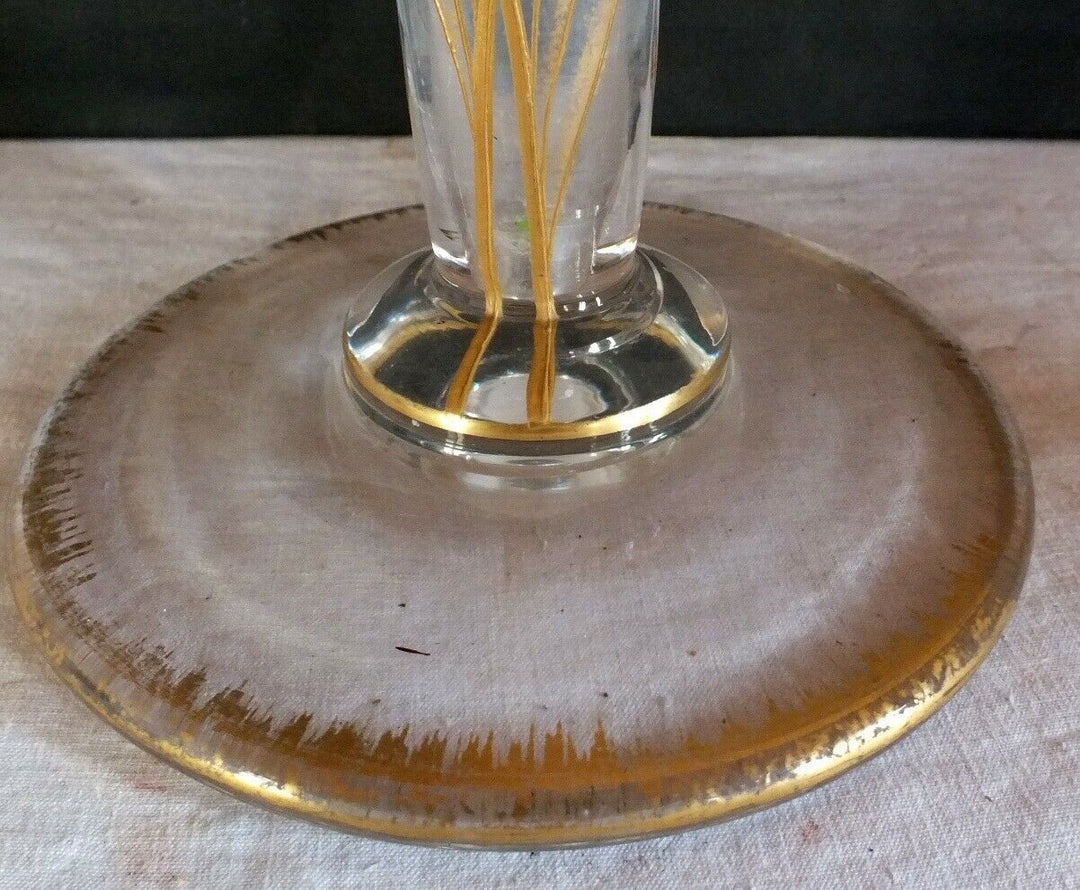 Grand Vase Art Nouveau Cornet Emaille Or Baccarat