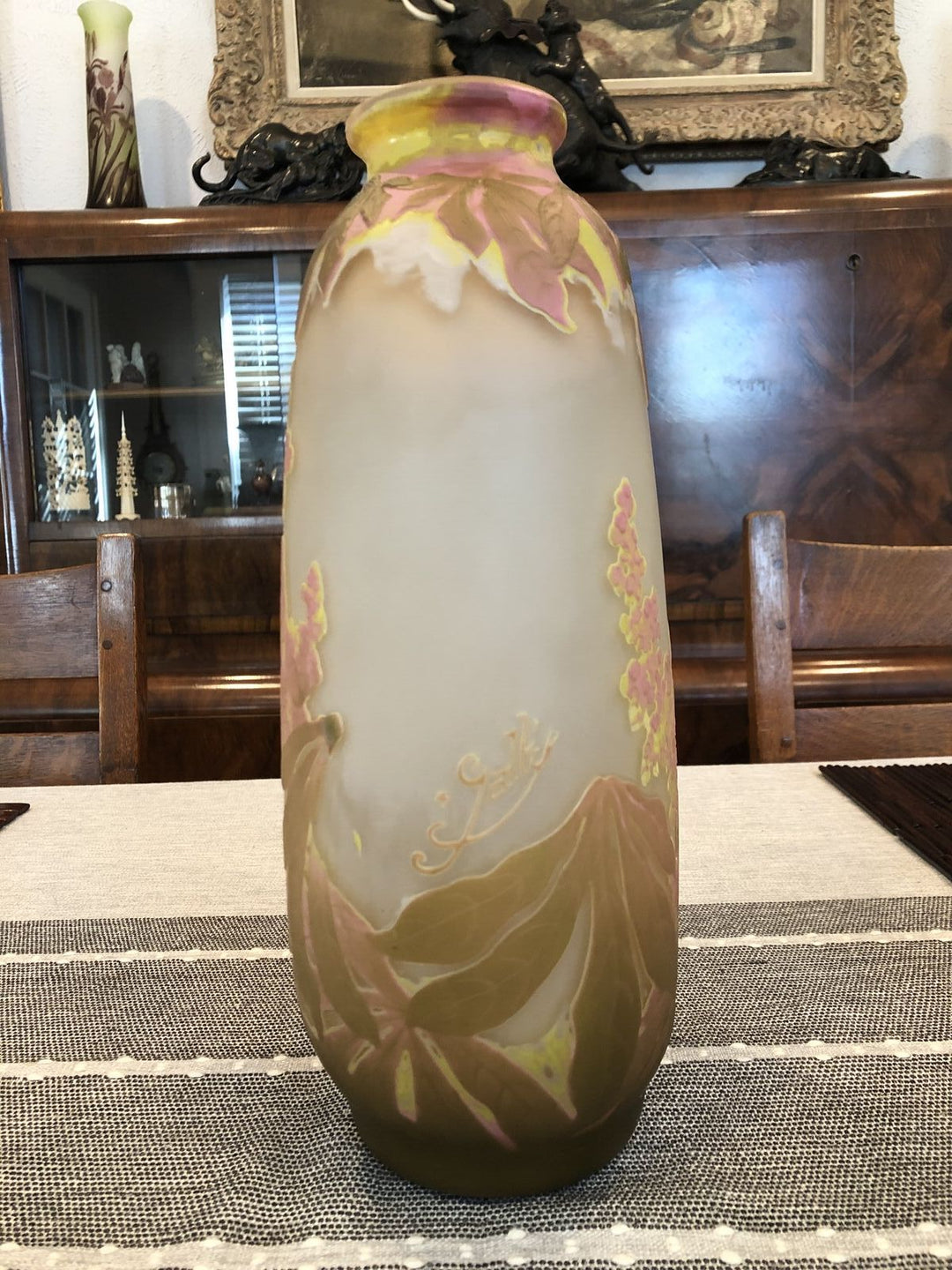 エミールガレ アールヌーボー大型花瓶 植物とピンクの花の