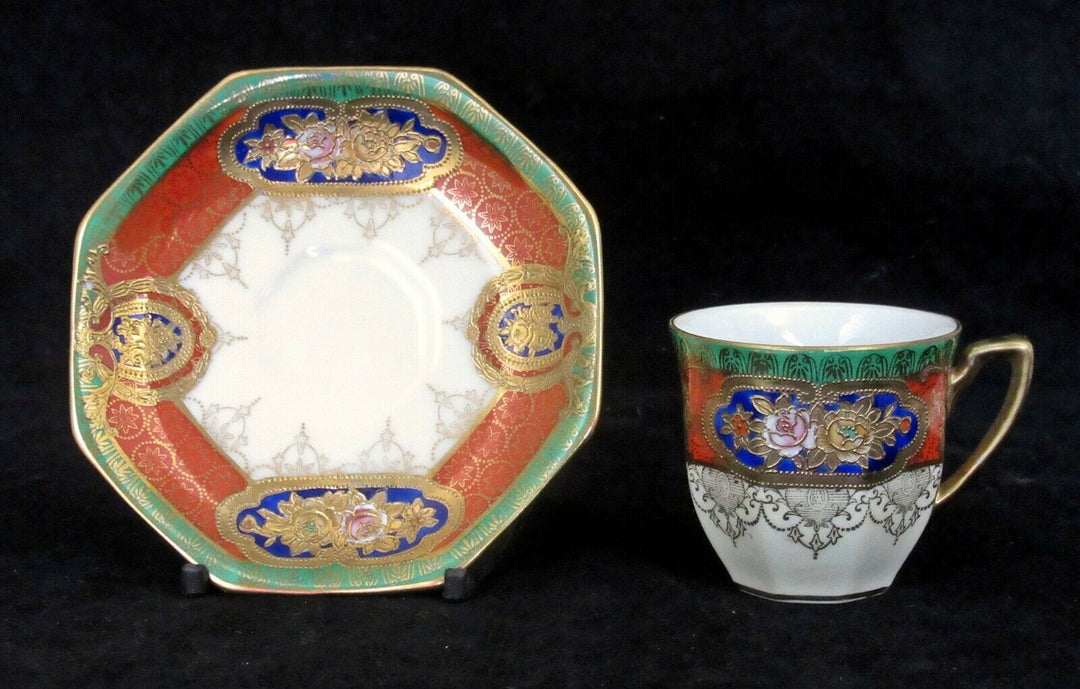 オールドノリタケ　カップ＆ソーサーセット　ローズ　金縁　八角形　アールデコ