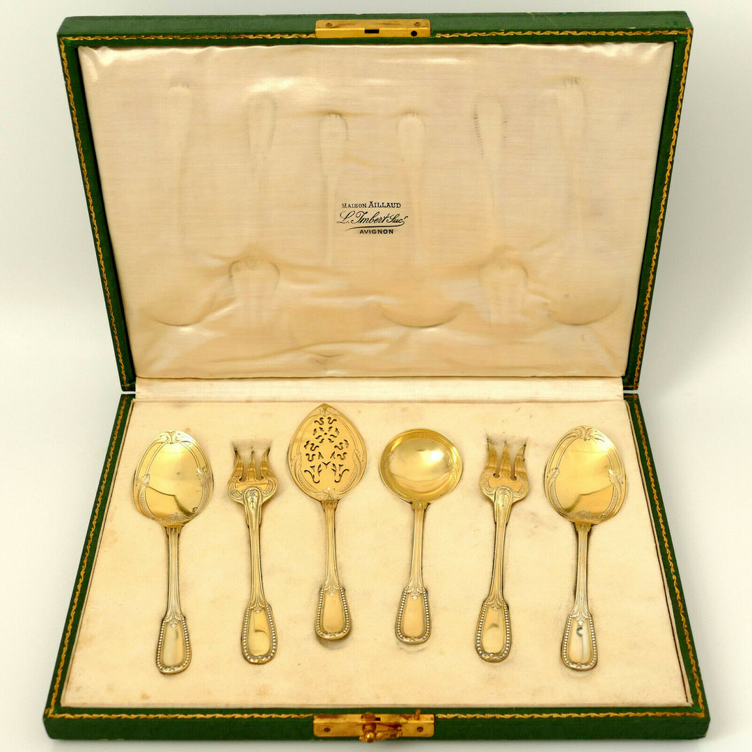 Puiforcat French Sterling Silver 18k Gold Dessert Hors D'oeuvre Set 6 Pc, Box