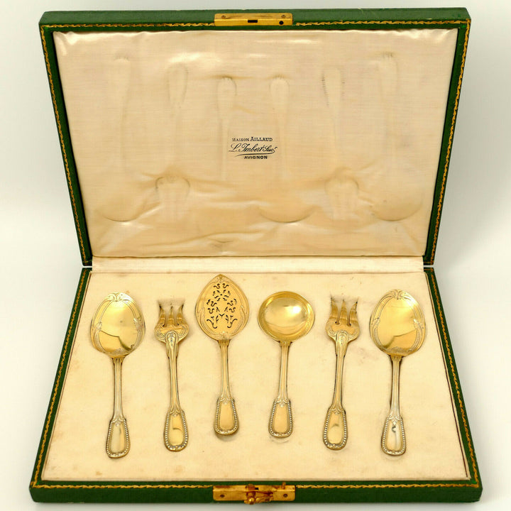 Puiforcat French Sterling Silver 18k Gold Dessert Hors D'oeuvre Set 6 Pc, Box