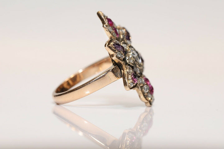 アンティーク ヴィクトリアン 14K ナチュラルローズカットダイヤモンド、ルビー、アメシストのリング