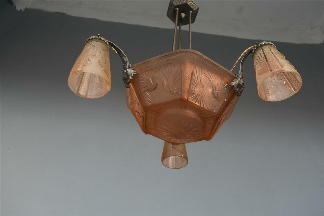 Lustre à tulipes années 1930 Art déco verre moulé Muller Frères