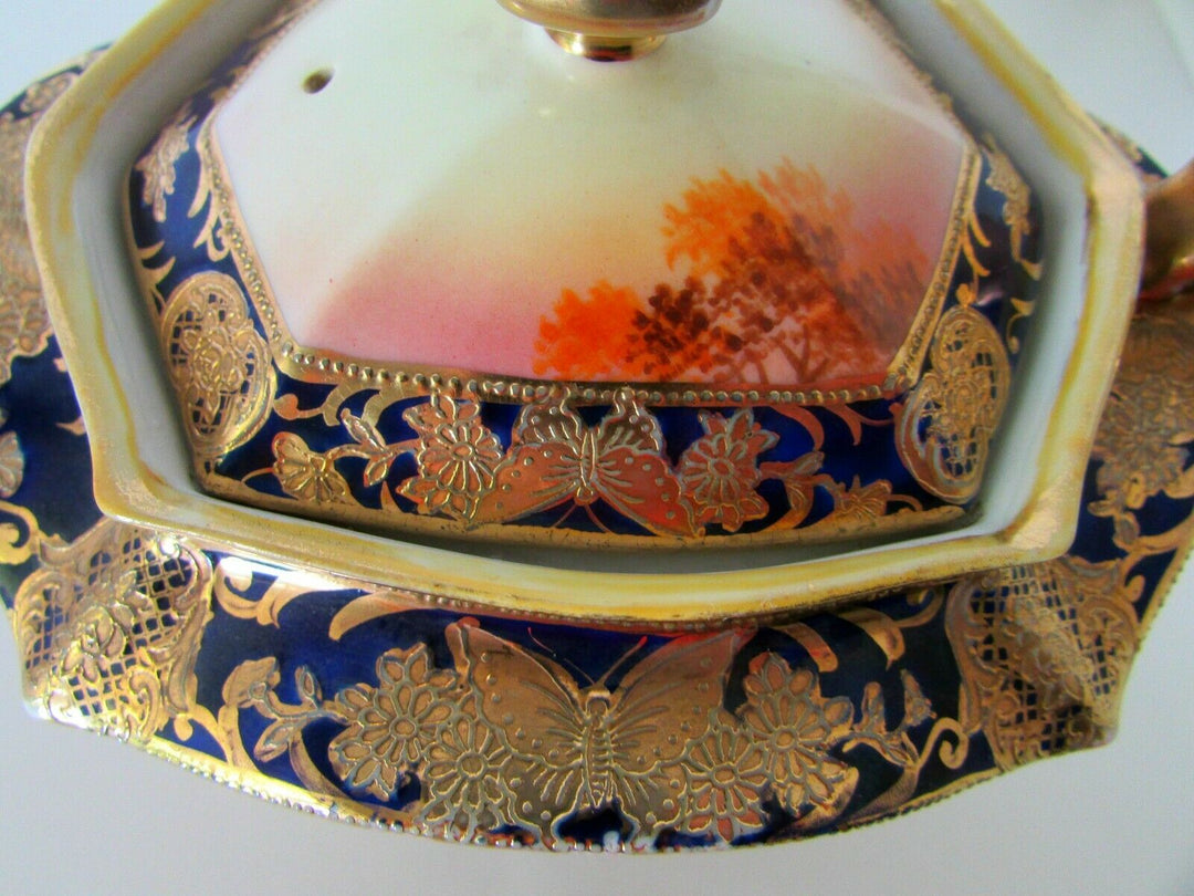 ANTIQUE NORITAKE JAPAN ART DECO CHINA PORCELAIN GILDED SCENIC PAINTED TEA POT