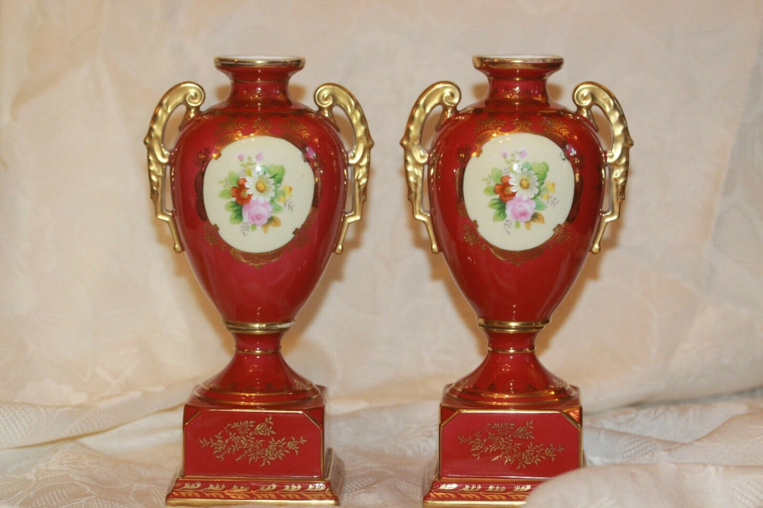 Nippon Noritake porcelain urns vases hand painted beaded gold Red