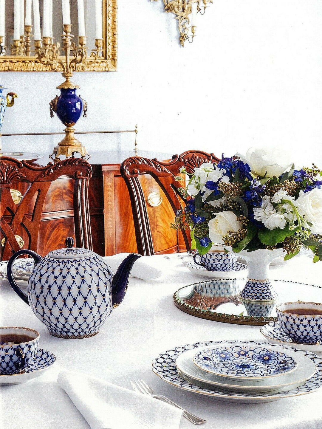 Cobalt Net Teacup, Saucer, Plate Set by Imperial Porcelain Russian Lomonosov LFZ