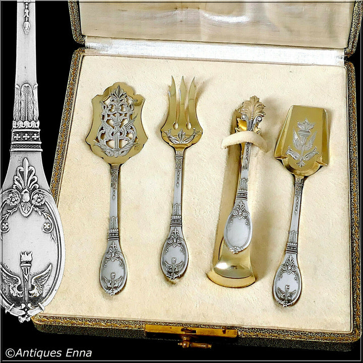 Lapparra French Sterling Silver 18k Gold Dessert Set 4 Pc, Original Box, Empire