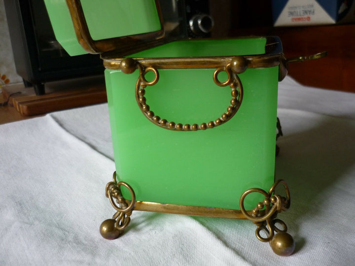 French/Bohemian Opaline/Vaseline Glass Casket Box 19th C Green