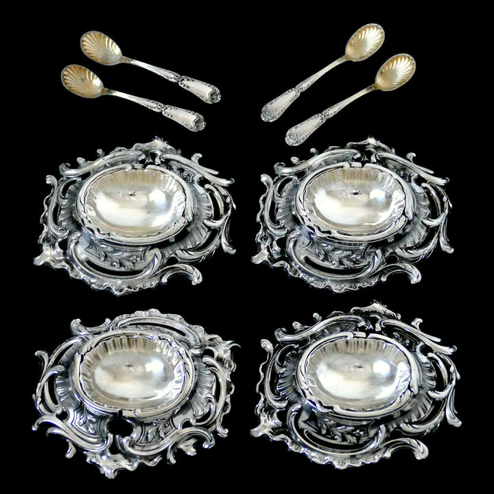 Puiforcat Rare French Sterling Silver 4 Salt Cellars, Spoons, Original Box