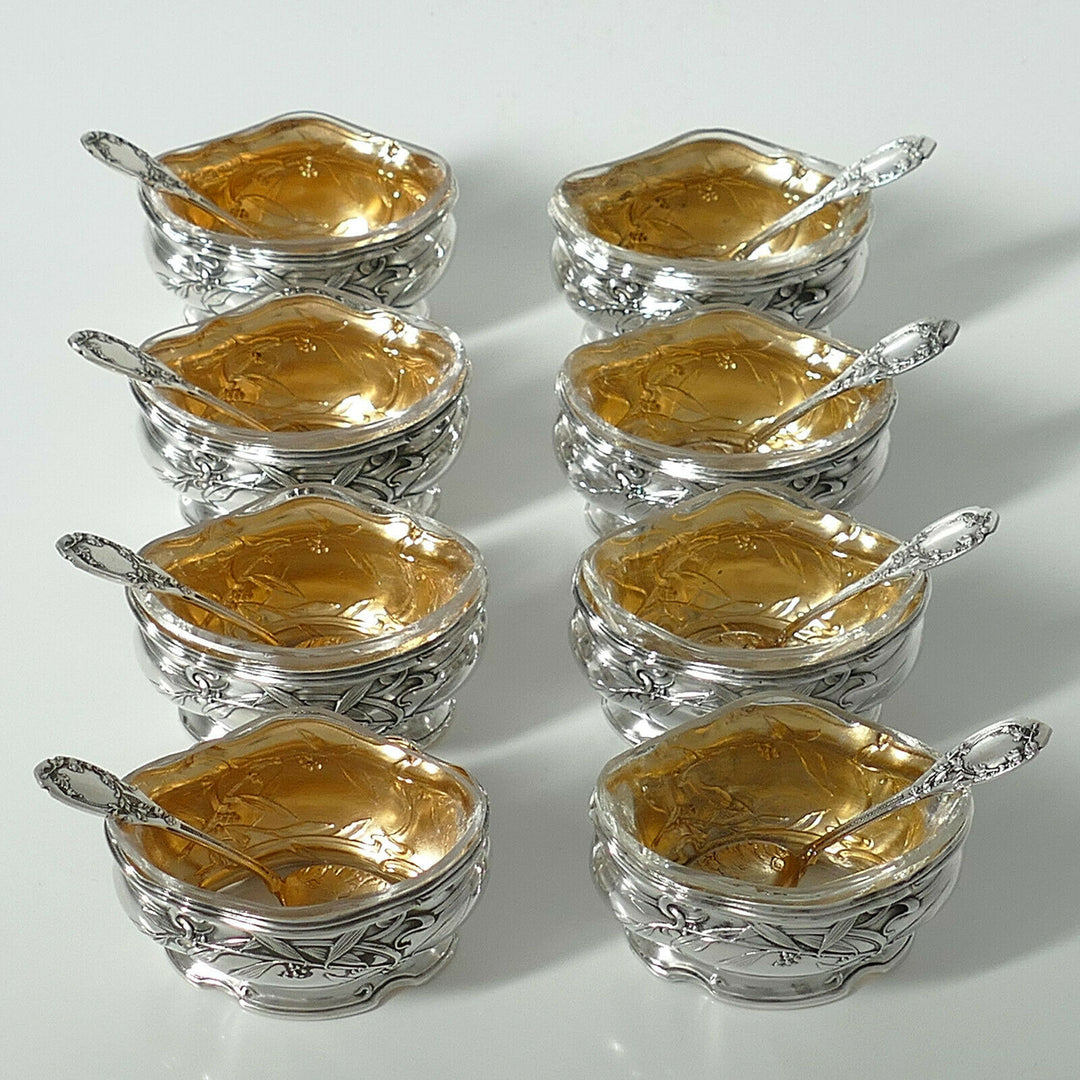 Puiforcat French Sterling Silver 18k Gold Set 8 Salt Cellars, Boxes, Mistletoe