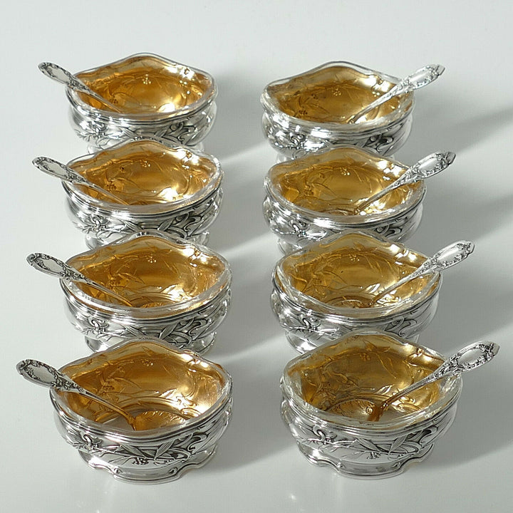 Puiforcat French Sterling Silver 18k Gold Set 8 Salt Cellars, Boxes, Mistletoe