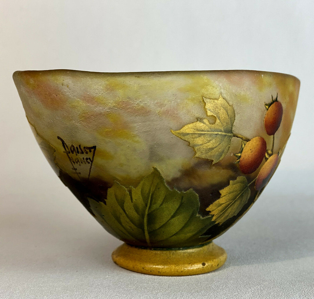 DAUM NANCY /COUPE SUR PIEDOUCHE A DECOR DE GROSEILLE A MAQUEREAUX FOND MARMOREEN
