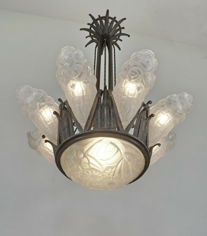 DEGUÉ : VERY LARGE 1930 FRENCH ART DECO CHANDELIER ... wrought iron muller era