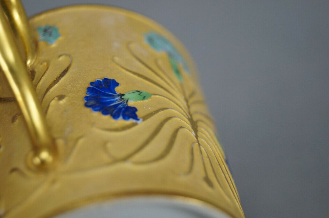 Antique French Hand Painted Blue Carnation Flower & Gold Demitasse Cup & Saucer