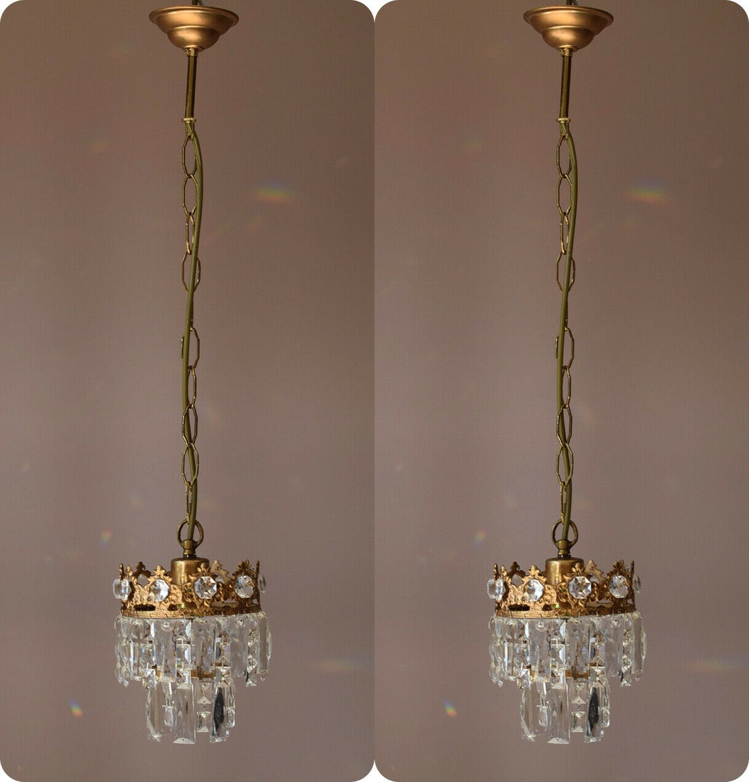 Matching Antique Crystal Chandeliers, Pair Vintage Pendant Kitchen Lighting Lamp