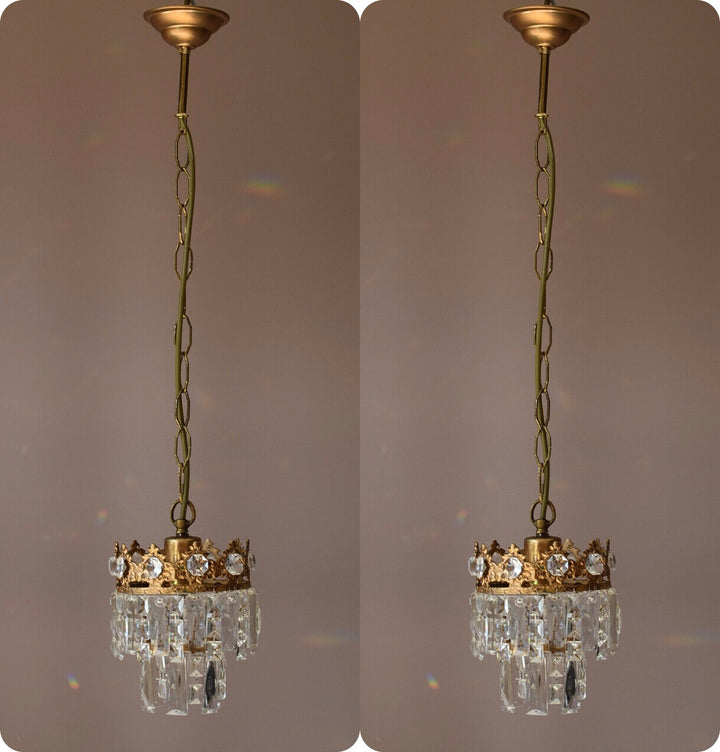 Matching Antique Crystal Chandeliers, Pair Vintage Pendant Kitchen Lighting Lamp
