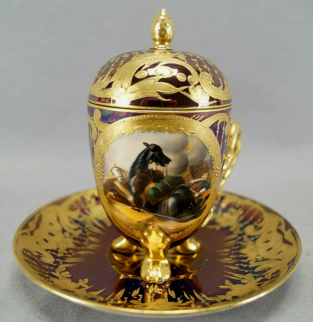Royal Vienna Napoleonic Battle Scene Purple Luster & Gold Covered Chocolate Cup
