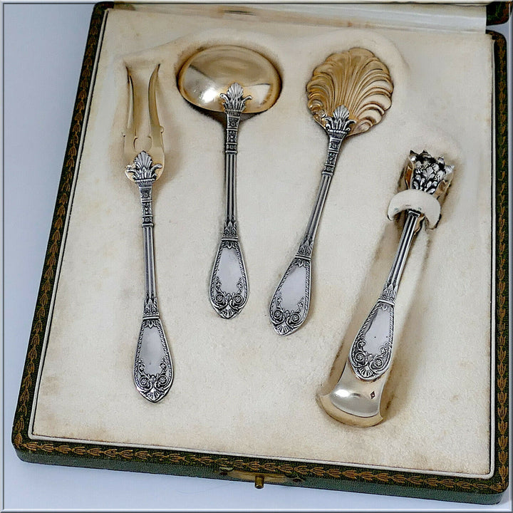 Barrier Fabulous French Sterling Silver 18k Gold Dessert Set 4 Pc, Box, Empire
