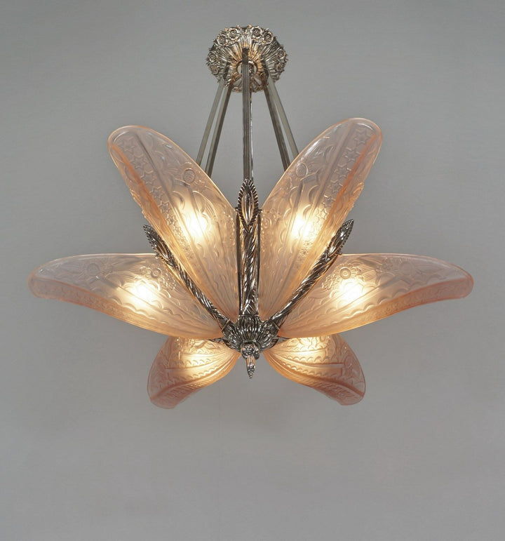 DONNA : FRENCH 1930 ART DECO STARBURST CHANDELIER ........ lamp muller era 1925