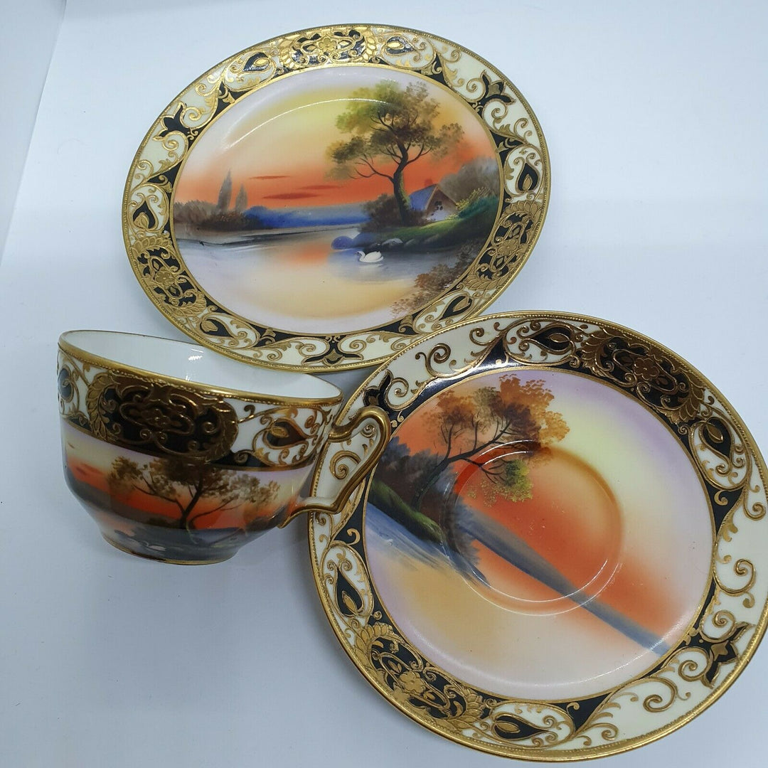 STUNNING HAND PAINTED AND GILD NORITAKE TRIO