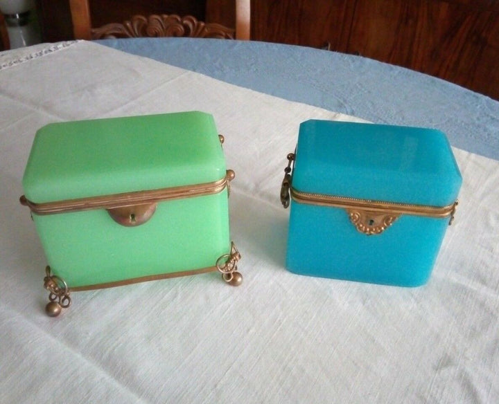 French/Bohemian Opaline/Vaseline Glass Casket Box 19th C Green